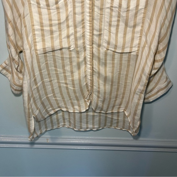 Zara Basic White & Tan Stripe Button Up 3/4 Sleeve Lightweight Blouse Size Small - Picture 3 of 12